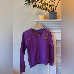 Ralph Lauren Sport V-Neck Purple Sweater with Emblem Large